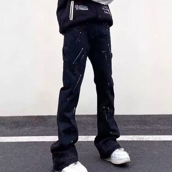 Men's Clothing High Street Vibe Style Zipper Slit Jeans Men Ins Loose Straight Ink Splashed Micro Flared Trousers_mkmklike.com