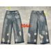 Men's Clothing High Street Washed Distressed Stitching Logging Jeans Men's Retro Fashion Trend Ink Splashed Print Wide Leg Trousers_mkmklike.com