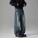 Men's Blue Wide Leg Jeans Retro Distressed Vintage Loose Straight Leg Trousers Mid Waist Long Curved Pants With Slight Stretch_mkmklike.com