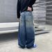 Men's Distressed Blue Washed Jeans - Relaxed Straight Leg Vintage Denim Pants With Hand-Painted Details & Hanging Beads (S-3XL, Classic Blue)_mkmklike.com