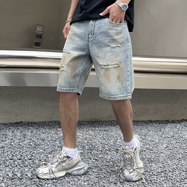 Men's Clothing Dirty Hole Denim Shorts Men's Trendy Brand Loose Large Size American Retro Washed Casual Shorts Summer Pants_mkmklike.com