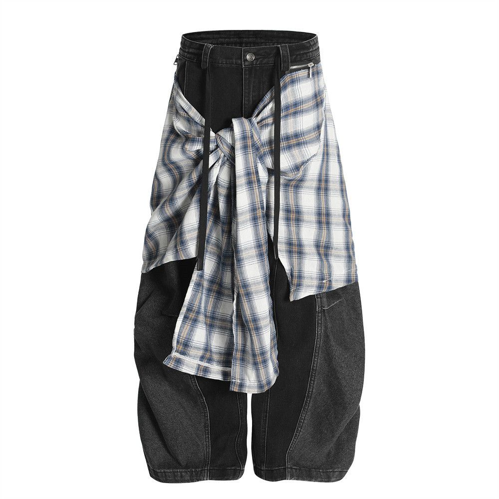 Two-Piece Denim Scimitar Men's Fashion Trendy Long Design Sense Plaid Detachable Personality Silhouette Wide-Leg_mkmklike.com