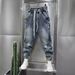 Men's Vintage Washed Blue Jeans – Relaxed Fit Cargo Pants With Button Accents & Mid-Rise Waist (90s Streetwear Revival)_mkmklike.com