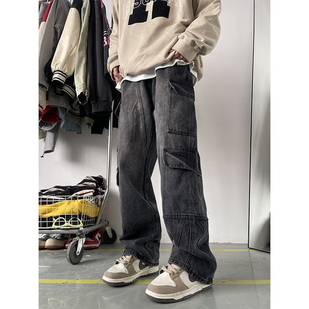 Men's American Retro Washed Distressed Work Jeans High Street Trendy Loose Straight Leg Wide Leg Casual Trousers_mkmklike.com