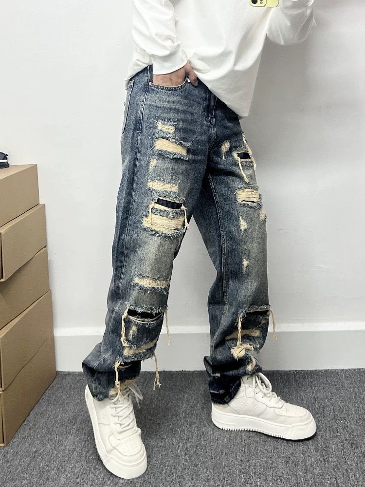 Men's Distressed Wide Leg Jeans High Street Style Patched Loose Fitting Straight Leg Pants Trendy And Cool_mkmklike.com