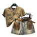 Summer Outfit For Women New Printed Short Sleeved T Shirt Design Niche Denim Skirt Two Piece Suit_mkmklike.com