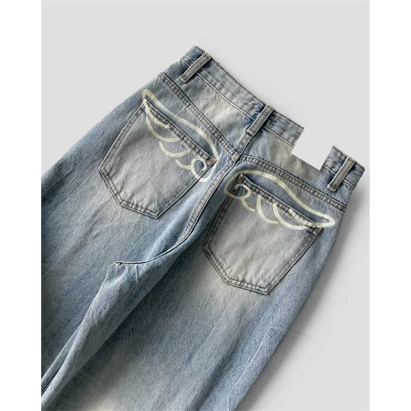 2026 Spring New Arrival Men's Loose Straight Denim Pants, Korean Dongdaemun Vintage Washed Wing Print Design Casual Jeans_mkmklike.com