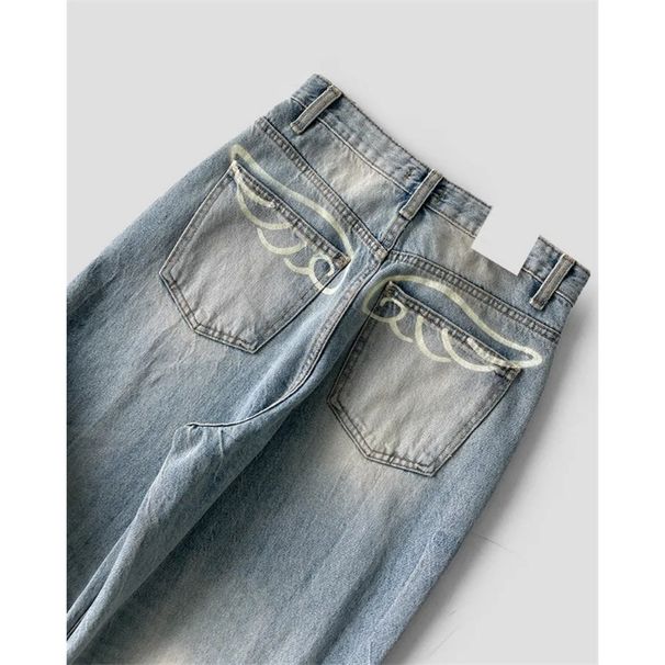 2026 Spring New Arrival Men's Loose Straight Denim Pants, Korean Dongdaemun Vintage Washed Wing Print Design Casual Jeans_mkmklike.com