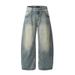 Unisex Retro Washed Curved Jeans Trendy American Loose Silhouette Slimming Wide Leg Pants_mkmklike.com