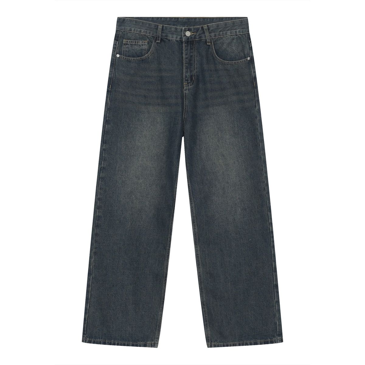 Nirben Denim | Korean Version Of Basic Washed Old Denim Blue Loose Straight Casual Trousers_mkmklike.com