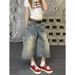 Vintage Washed Denim Capri Pants – High Street Wide-Leg Cropped Jeans For Women (Blue, S-4XL, Relaxed Fit, Stretch Comfort, Summer)_mkmklike.com