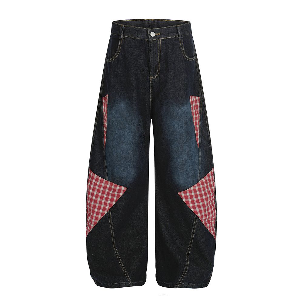 Patchwork Color Block Plaid Scimitar Jeans Men's Vibe Trendy Brand Punk Design Sense Niche Loose Wide-Leg Pants_mkmklike.com