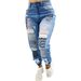 Women's Washed Mid-Rise Skinny Jeans Letter Print Ripped Jeans_mkmklike.com