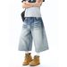 Men's Clothing Unisex Style Washed Whiskered Denim Shorts Summer High Street Trendy Wide Leg Capri Pants Loose Versatile Curved Trousers_mkmklike.com