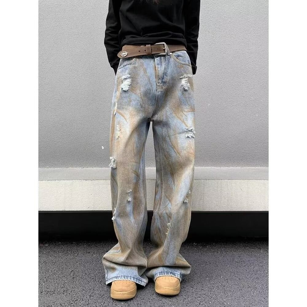 Men’s Vintage Tie-Dye Distressed Jeans – Loose Fit Straight Leg Ripped Denim Pants For Streetwear Style_mkmklike.com
