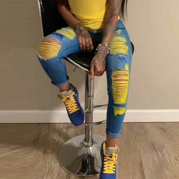 Women's Clothing new street fashion skinny pants light color hole stretch jeans for women_mkmklike.com