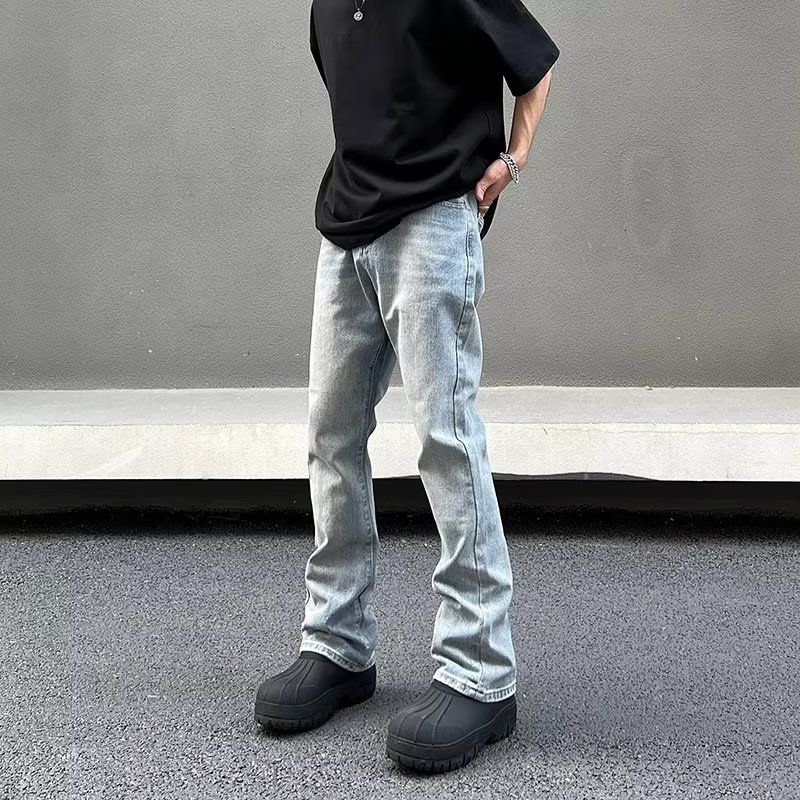 Men's Washed Ice Blue Straight Leg Jeans - High Street Vibe Casual Denim Pants With Slight Flare (S-3xl)_mkmklike.com
