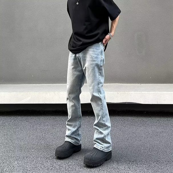 Men's Washed Ice Blue Straight Leg Jeans - High Street Vibe Casual Denim Pants With Slight Flare (S-3xl)_mkmklike.com