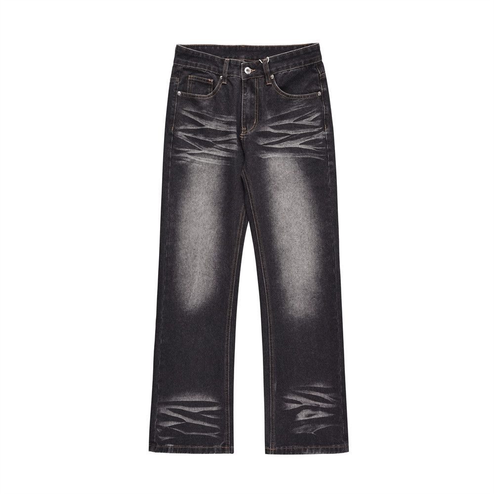 Washed Distressed White Straight-Leg Jeans Men's Trendy High Street American Style Casual Wide-Leg Loose Floor-Length_mkmklike.com