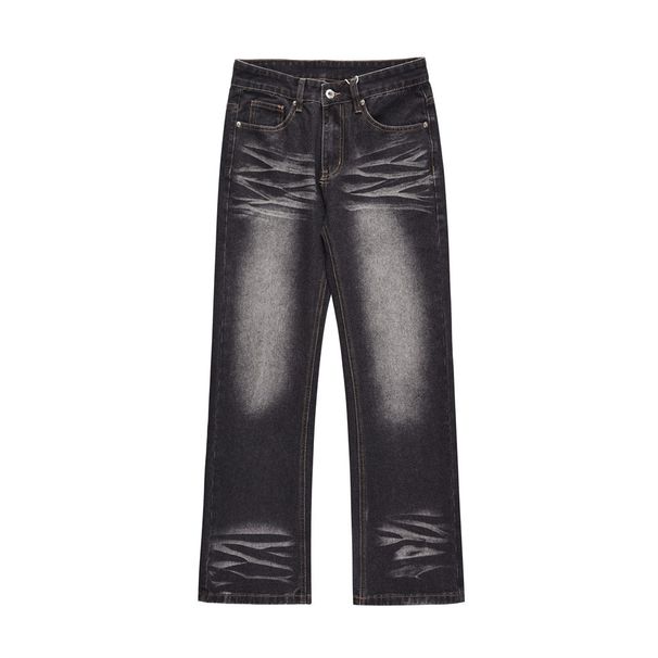 Washed Distressed White Straight-Leg Jeans Men's Trendy High Street American Style Casual Wide-Leg Loose Floor-Length_mkmklike.com