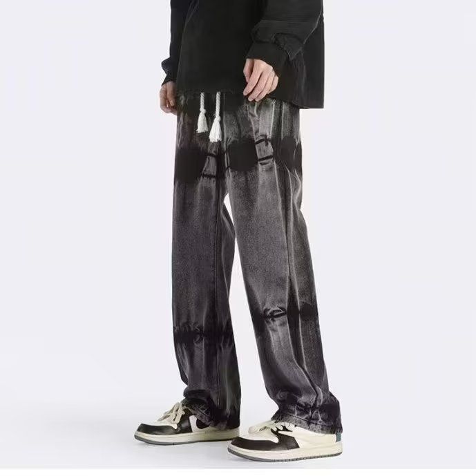 Men's Retro Tie Dye Drawstring Jeans American High Street Style Midweight Cotton Wide Leg Pants Black Blue Long_mkmklike.com