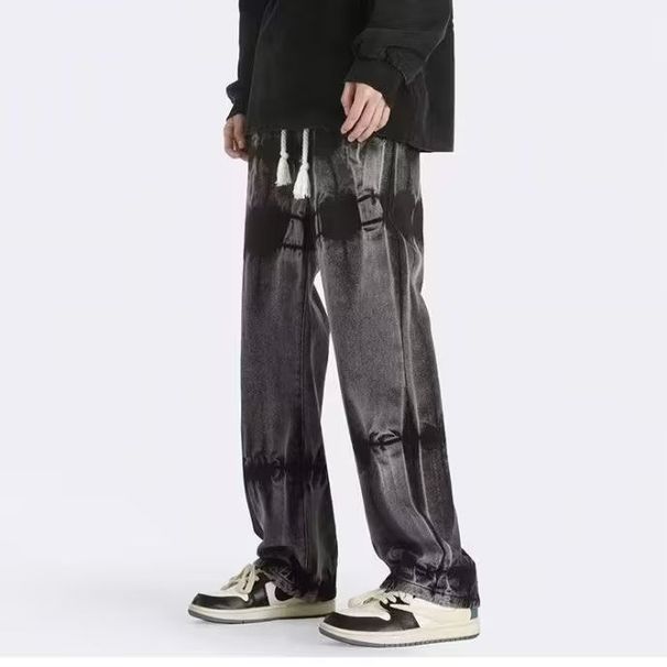 Men's Retro Tie Dye Drawstring Jeans American High Street Style Midweight Cotton Wide Leg Pants Black Blue Long_mkmklike.com