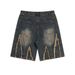 Pure Ripped Denim Men's Trendy American High Street Five-Point Loose Straight Retro Washed Frayed Shorts_mkmklike.com