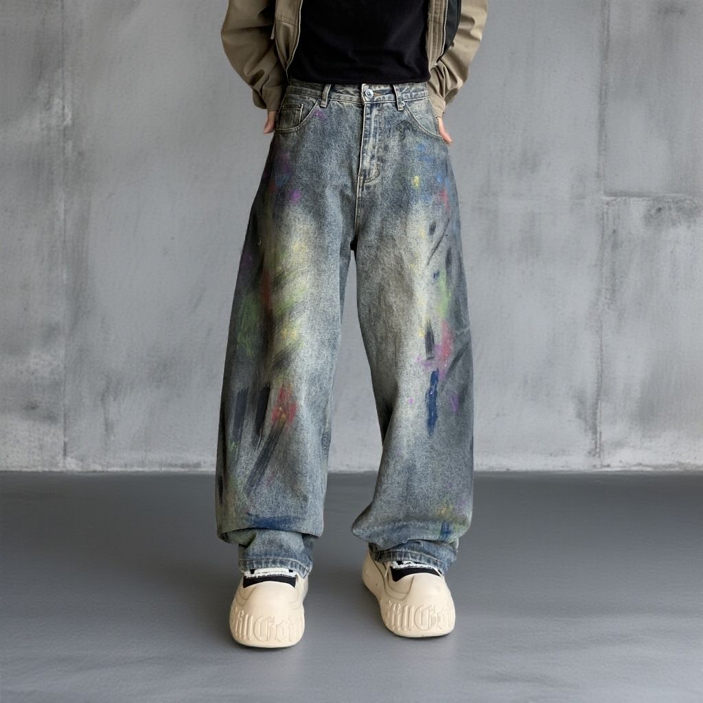 Men’S Graffiti Washed Gray Relaxed Fit Straight Leg Jeans – Urban Streetwear Denim With Artistic Hand-Painted Details | 90s Hip-Hop Inspired_mkmklike.com
