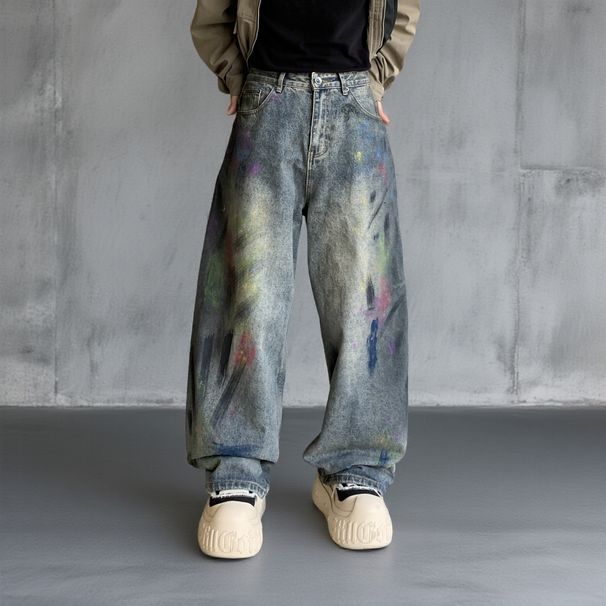 Men’S Graffiti Washed Gray Relaxed Fit Straight Leg Jeans – Urban Streetwear Denim With Artistic Hand-Painted Details | 90s Hip-Hop Inspired_mkmklike.com