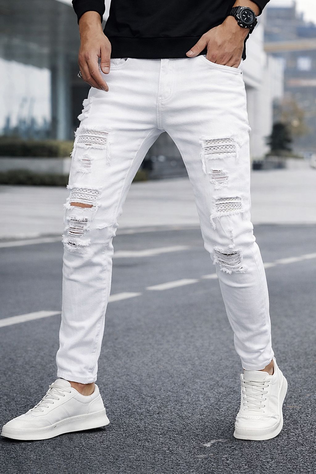 Men's White Distressed Beaded Slim Fit Jeans Patchwork Style Straight Leg_mkmklike.com