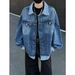 Unisex Trendy Faux Plaid Patchwork Denim Jacket Autumn American Style Two Piece Workwear Casual Streetwear Polyester Slight Stretch_mkmklike.com
