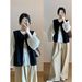 Chicco Early Autumn Full Set Outfit Korean Retro Denim Cardigan Vest For Women White Shirt + Loose Vertical Wide-Leg Pants_mkmklike.com