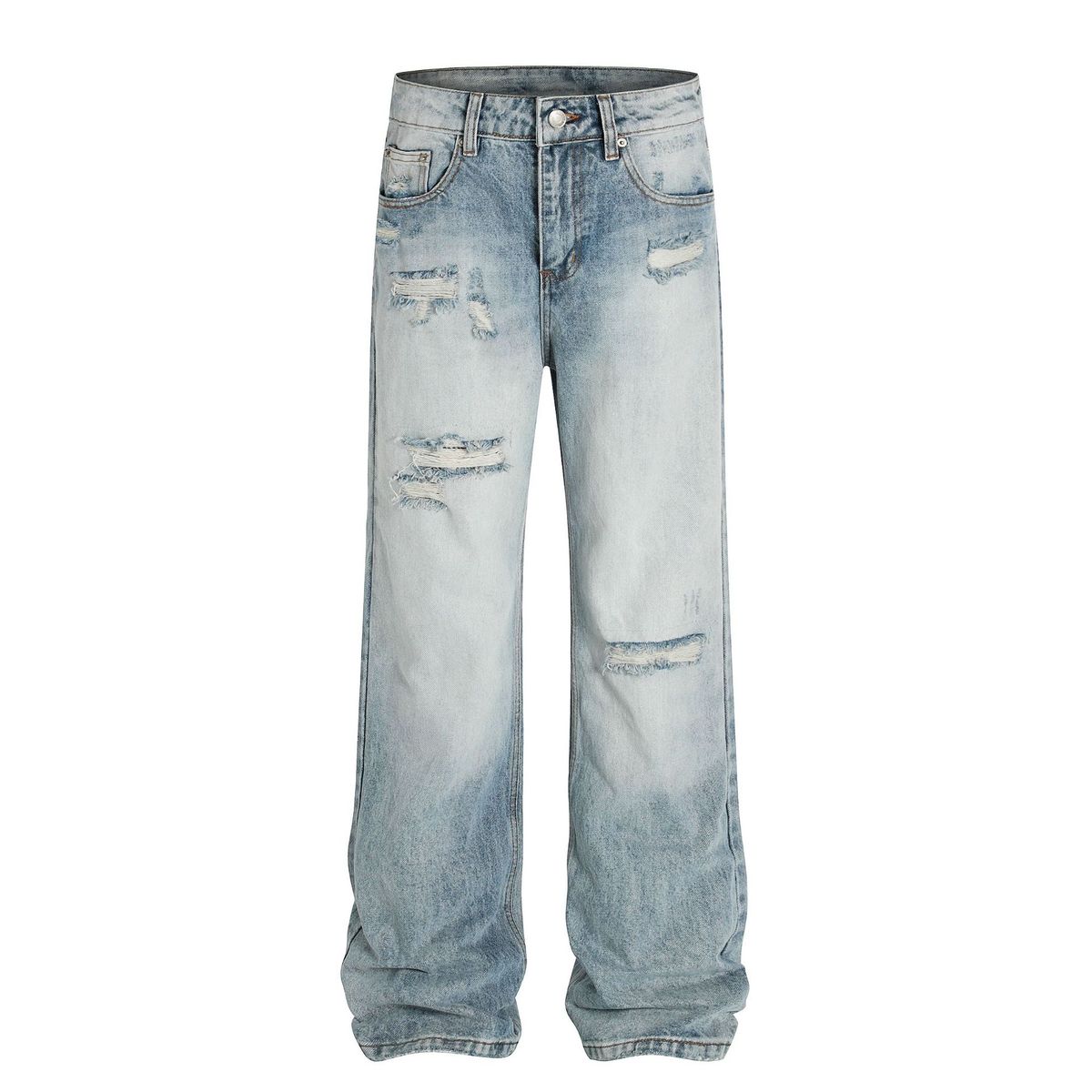 Men's Clothing Street Style High End Retro Washed Blue Hole Design Men's Loose Casual Flared Jeans_mkmklike.com