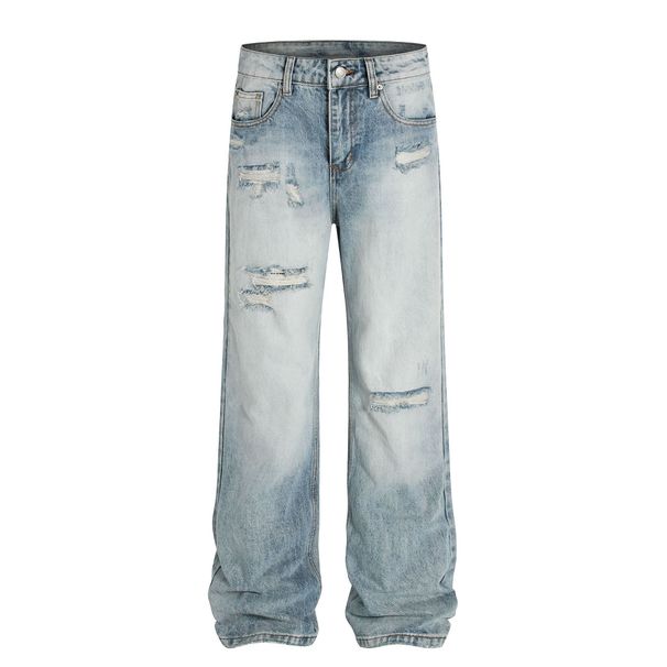 Men's Clothing Street Style High End Retro Washed Blue Hole Design Men's Loose Casual Flared Jeans_mkmklike.com