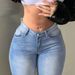 Women's High-Waisted Washed Blue Distressed Denim Jeans Retro Black Floral Print Flare Hem_mkmklike.com