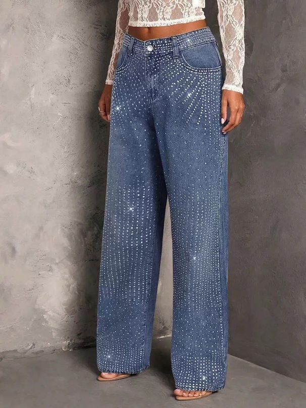 Women's Stretch Denim Jeans With Rhinestone Embellishments - Straight Leg, Comfort Fit, Blue Wide Leg Trousers For Casual & Office Wear_mkmklike.com