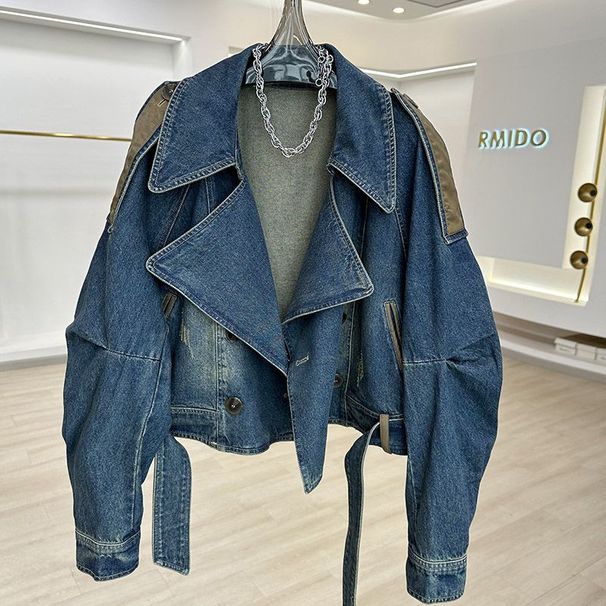 Women's Clothing Leather Denim Short Jacket Vintage Distressed Denim Jacket Women's Casual Oversized Short Coat With Patchwork Design, Retro Blue_mkmklike.com