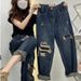 Plus-size Vintage Ripped Straight-leg Jeans For Women, New Loose-fitting Slimming High-waisted Harem-style Dad Pants_mkmklike.com