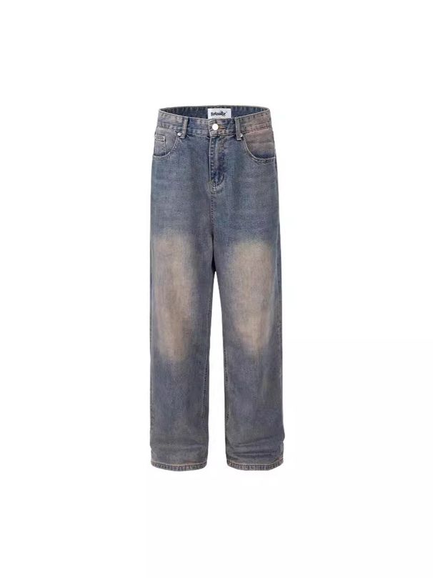 Distressed Mud-Dyed Baggy Jeans – Unisex High Street Oversized Denim, Vintage Washed Blue, Straight Leg Streetwear Pants_mkmklike.com