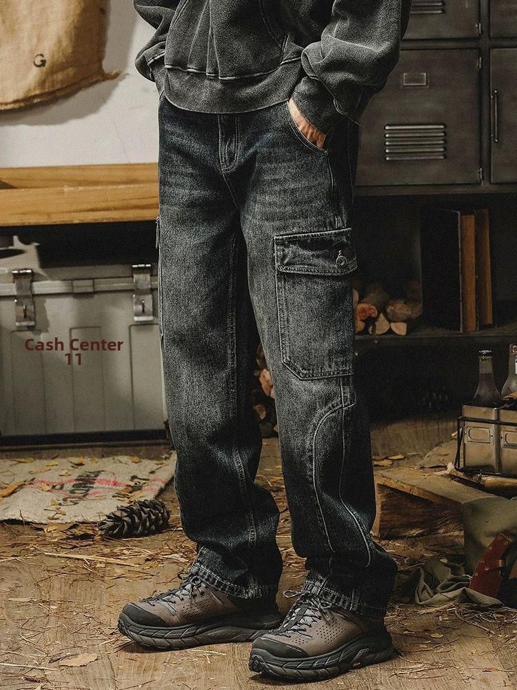 Men's Heavyweight Retro Overalls Pants Loose Large Size Straight Wide Leg Jeans For Autumn_mkmklike.com