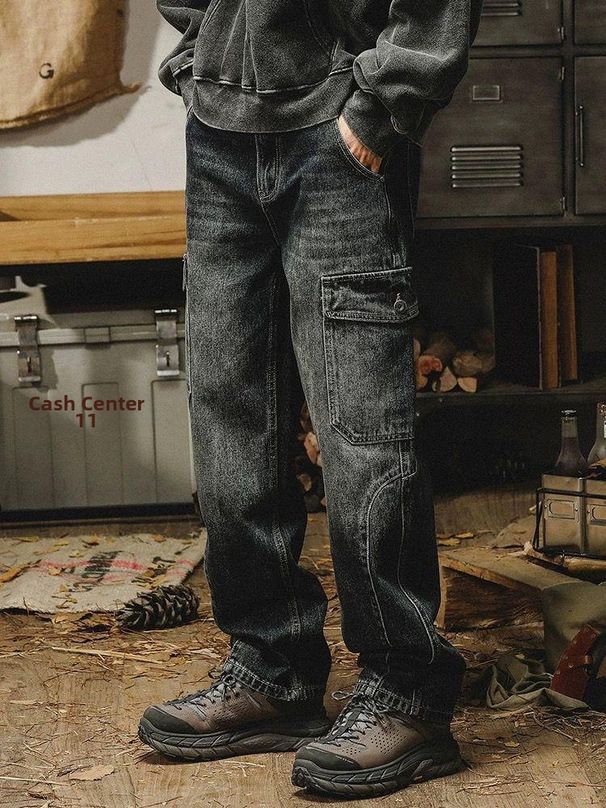 Men's Heavyweight Retro Overalls Pants Loose Large Size Straight Wide Leg Jeans For Autumn_mkmklike.com