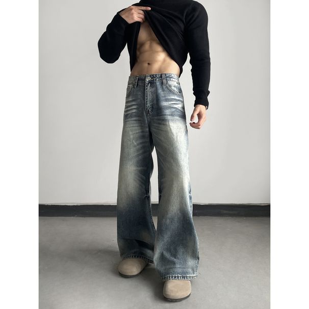 Washed Whiskered Premium Retro Denim Jeans, A Line Straight Leg With Slight Flare, Clean Fit Casual Pants_mkmklike.com