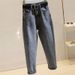 ELLE Fleece-Lined Harem Jeans For Women, Loose Straight Wide-Leg, New Autumn And Winter Warm High-Waisted Nine-Point Dad_mkmklike.com