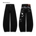 Unisex Vintage Washed Star-Print Jeans – High-Waisted Relaxed Fit, 60% Cotton, Distressed Hem, Y2K Streetwear Aesthetic (Black)_mkmklike.com