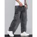 Men's American Style Multi Pocket Cargo Jeans Straight Leg Loose Fit Black Gray Heavyweight Trendy Wide Leg_mkmklike.com