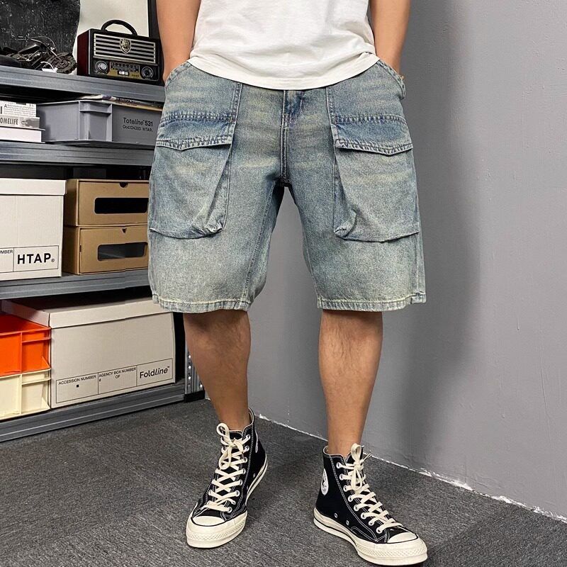 Men's Loose Fitting Wide Leg Cargo Denim Shorts Multi Pocket Casual Summer Style Trendy And Cool Plus Size Five Point Shorts_mkmklike.com