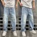 Men's Distressed Patchwork Straight Leg Jeans - Washed Denim With Elastic Waist & Drawstring For Casual Wear_mkmklike.com