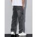 Men's American Style Multi Pocket Cargo Jeans Straight Leg Loose Fit Black Gray Heavyweight Trendy Wide Leg_mkmklike.com