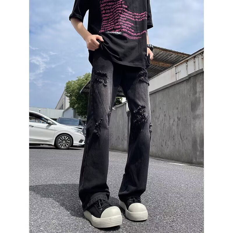 Yellow Mud Ripped Jeans 2024 New Men's Summer Thin Straight Loose American High Street Pants Trendy Brand_mkmklike.com