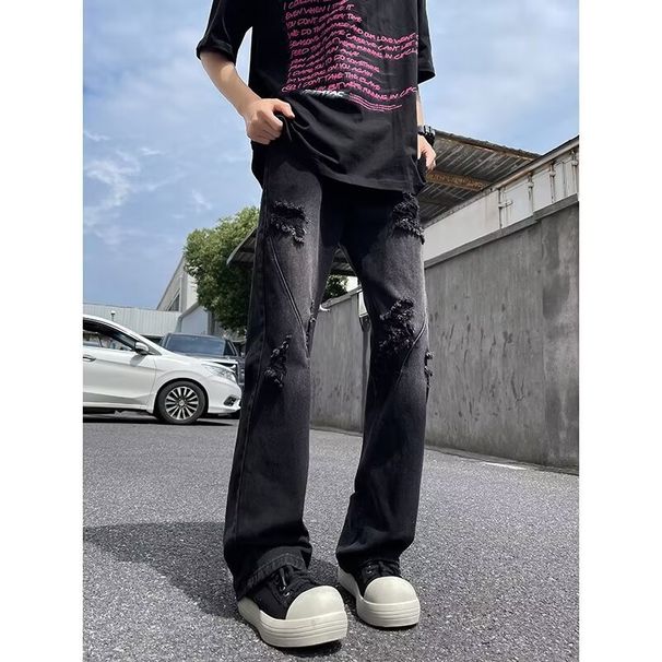 Yellow Mud Ripped Jeans 2024 New Men's Summer Thin Straight Loose American High Street Pants Trendy Brand_mkmklike.com